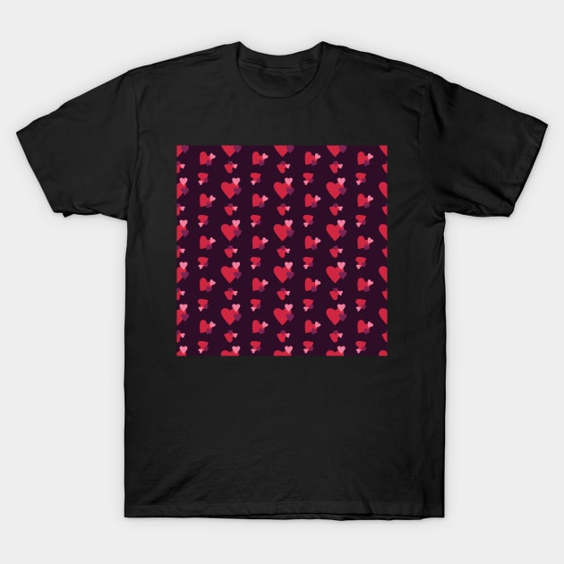 Red Pink and purple hearts seamless pattern on Dark Purple background T-Shirt by sigdesign